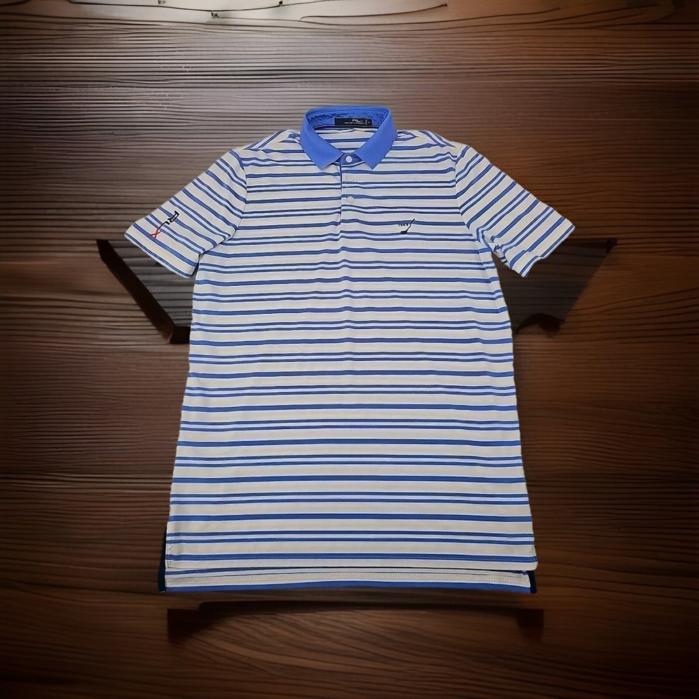 Ralph Lauren RLX Polo Men M Blue Striped Stretch UV Protection Golf Normcore Y2k